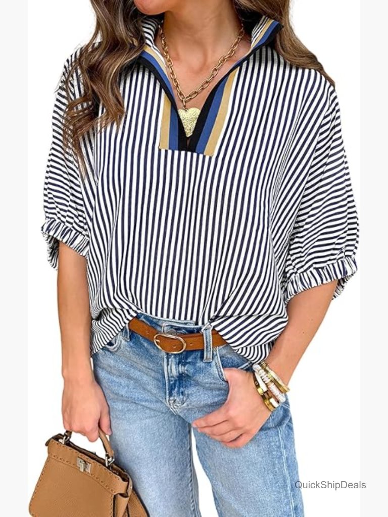 Polyester Spandex Blend Striped V-Neck Short Sleeve Blouse Loose Fit